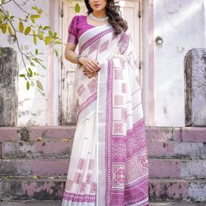 Elegant Off White Linen Saree with White Lotus Print & Silver Zari Border