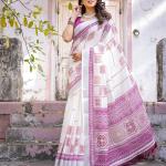 Elegant Off White Linen Saree with White Lotus Print & Silver Zari Border
