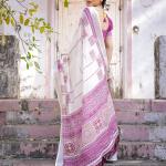 Elegant Off White Linen Saree with White Lotus Print & Silver Zari Border