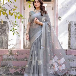 Elegant Grey Linen Saree with White Lotus Print & Silver Zari Border