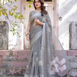 Elegant Grey Linen Saree with White Lotus Print & Silver Zari Border