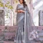 Elegant Grey Linen Saree with White Lotus Print & Silver Zari Border