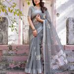 Elegant Grey Linen Saree with White Lotus Print & Silver Zari Border