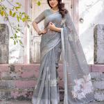 Elegant Grey Linen Saree with White Lotus Print & Silver Zari Border