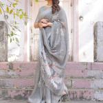 Elegant Grey Linen Saree with White Lotus Print & Silver Zari Border