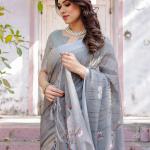 Elegant Grey Linen Saree with White Lotus Print & Silver Zari Border