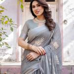 Elegant Grey Linen Saree with White Lotus Print & Silver Zari Border