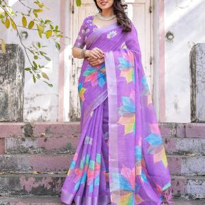 Elegant Multicolor Linen Saree with White Lotus Print & Silver Zari Border