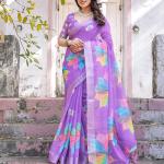 Elegant Multicolor Linen Saree with White Lotus Print & Silver Zari Border