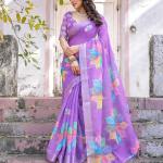 Elegant Multicolor Linen Saree with White Lotus Print & Silver Zari Border