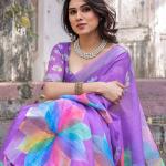 Elegant Multicolor Linen Saree with White Lotus Print & Silver Zari Border