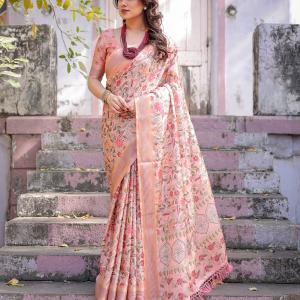 Printed Peach Linen Saree for Women with Multicolor Pallu and Ethnic Border – Lightweight Casual Wear