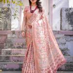 Printed Peach Linen Saree for Women with Multicolor Pallu and Ethnic Border – Lightweight Casual Wear