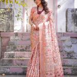 Printed Peach Linen Saree for Women with Multicolor Pallu and Ethnic Border – Lightweight Casual Wear