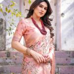 Printed Peach Linen Saree for Women with Multicolor Pallu and Ethnic Border – Lightweight Casual Wear