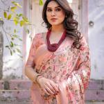 Printed Peach Linen Saree for Women with Multicolor Pallu and Ethnic Border – Lightweight Casual Wear