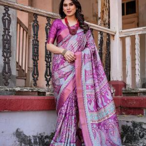 Printed Multicolor Linen Saree for Women with Multicolor Pallu and Ethnic Border – Lightweight Casual Wear