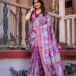 Printed Multicolor Linen Saree for Women with Multicolor Pallu and Ethnic Border – Lightweight Casual Wear