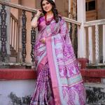 Printed Multicolor Linen Saree for Women with Multicolor Pallu and Ethnic Border – Lightweight Casual Wear