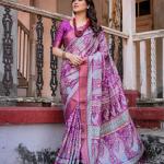 Printed Multicolor Linen Saree for Women with Multicolor Pallu and Ethnic Border – Lightweight Casual Wear