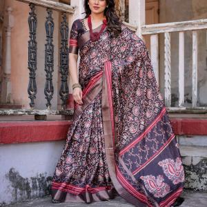 Printed Wine Linen Saree for Women with Multicolor Pallu and Ethnic Border – Lightweight Casual Wear