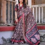 Printed Wine Linen Saree for Women with Multicolor Pallu and Ethnic Border – Lightweight Casual Wear