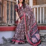Printed Wine Linen Saree for Women with Multicolor Pallu and Ethnic Border – Lightweight Casual Wear