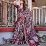 Printed Wine Linen Saree for Women with Multicolor Pallu and Ethnic Border – Lightweight Casual Wear