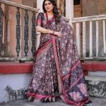Printed Wine Linen Saree for Women with Multicolor Pallu and Ethnic Border – Lightweight Casual Wear