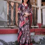 Printed Wine Linen Saree for Women with Multicolor Pallu and Ethnic Border – Lightweight Casual Wear