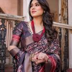 Printed Wine Linen Saree for Women with Multicolor Pallu and Ethnic Border – Lightweight Casual Wear