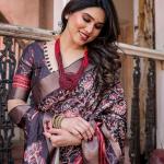 Printed Wine Linen Saree for Women with Multicolor Pallu and Ethnic Border – Lightweight Casual Wear