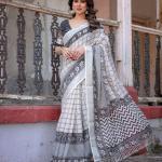 Elegant White Linen Saree with White Lotus Print & Silver Zari Border