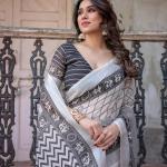 Elegant White Linen Saree with White Lotus Print & Silver Zari Border