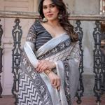 Elegant White Linen Saree with White Lotus Print & Silver Zari Border