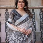 Elegant White Linen Saree with White Lotus Print & Silver Zari Border
