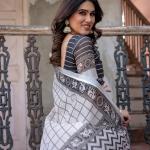 Elegant White Linen Saree with White Lotus Print & Silver Zari Border