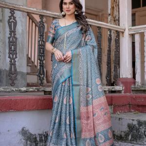 Printed Teal Linen Saree for Women with Multicolor Pallu and Ethnic Border – Lightweight Casual Wear