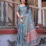 Printed Teal Linen Saree for Women with Multicolor Pallu and Ethnic Border – Lightweight Casual Wear