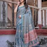 Printed Teal Linen Saree for Women with Multicolor Pallu and Ethnic Border – Lightweight Casual Wear