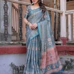 Printed Teal Linen Saree for Women with Multicolor Pallu and Ethnic Border – Lightweight Casual Wear
