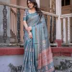 Printed Teal Linen Saree for Women with Multicolor Pallu and Ethnic Border – Lightweight Casual Wear