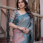 Printed Teal Linen Saree for Women with Multicolor Pallu and Ethnic Border – Lightweight Casual Wear