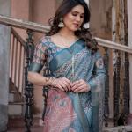 Printed Teal Linen Saree for Women with Multicolor Pallu and Ethnic Border – Lightweight Casual Wear