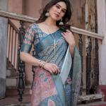 Printed Teal Linen Saree for Women with Multicolor Pallu and Ethnic Border – Lightweight Casual Wear