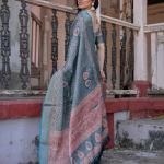 Printed Teal Linen Saree for Women with Multicolor Pallu and Ethnic Border – Lightweight Casual Wear