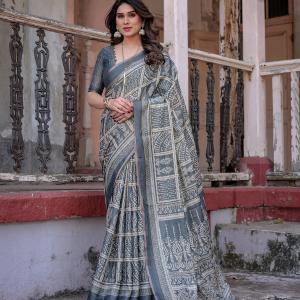 Printed Grey Linen Saree for Women with Multicolor Pallu and Ethnic Border – Lightweight Casual Wear