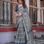 Printed Grey Linen Saree for Women with Multicolor Pallu and Ethnic Border – Lightweight Casual Wear