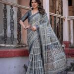 Printed Grey Linen Saree for Women with Multicolor Pallu and Ethnic Border – Lightweight Casual Wear