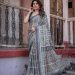 Printed Grey Linen Saree for Women with Multicolor Pallu and Ethnic Border – Lightweight Casual Wear
